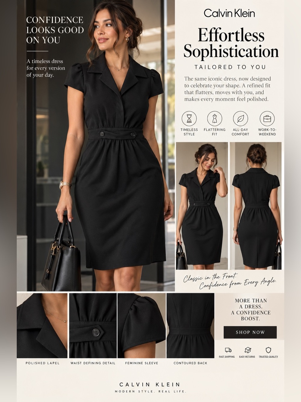 Calvin Klein Black Tailored Midi Dress with Buttoned Waist Sz 8